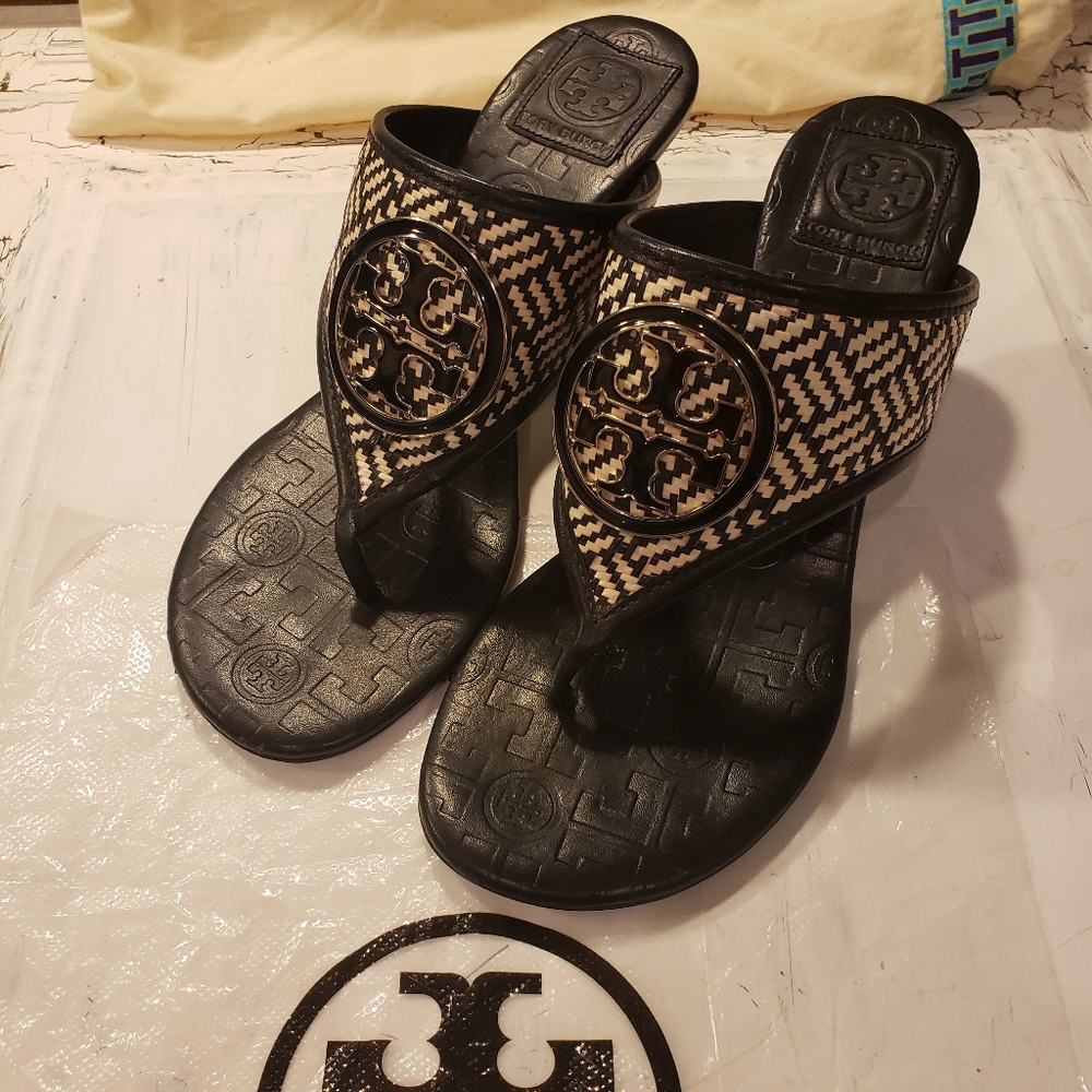 Tory Burch Feta woven Raffia Straw Logo Sandals Designer Slip On Summer
